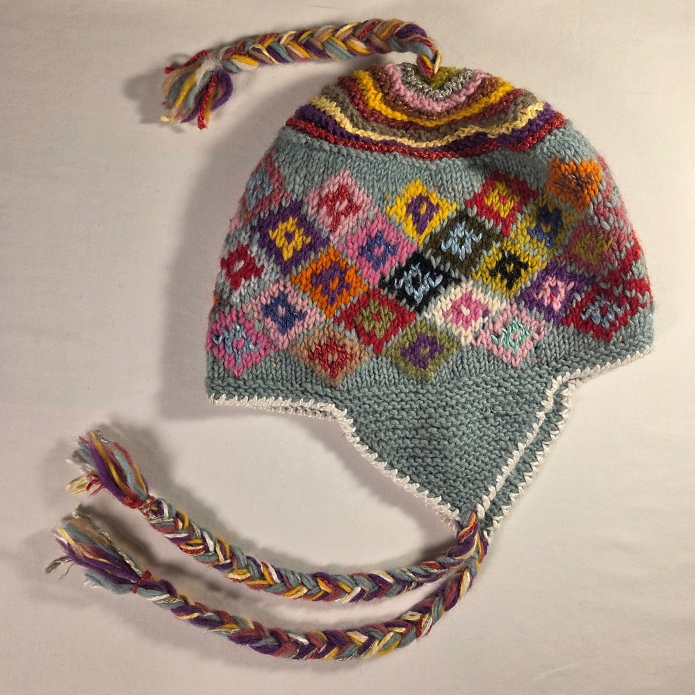Women's 100% Wool Knit Hat Multicolor Tassel Ties